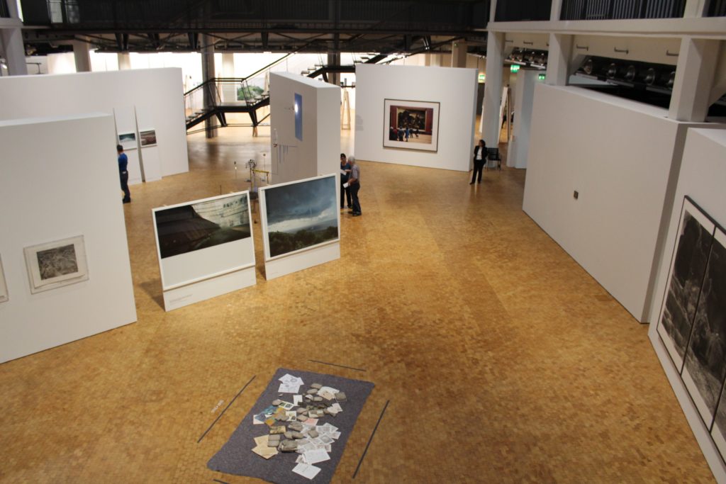 Elevated view of the exhibition layout, with Milon and Zalasiewicz' The Mystery of Brunaspis enigmatica on the floor, photograph by author