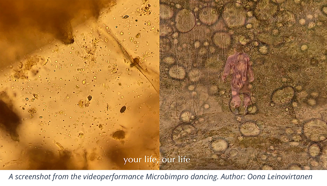 A screenshot from the videoperformance Microbimpro dancing. Author: Oona Leinovirtanen